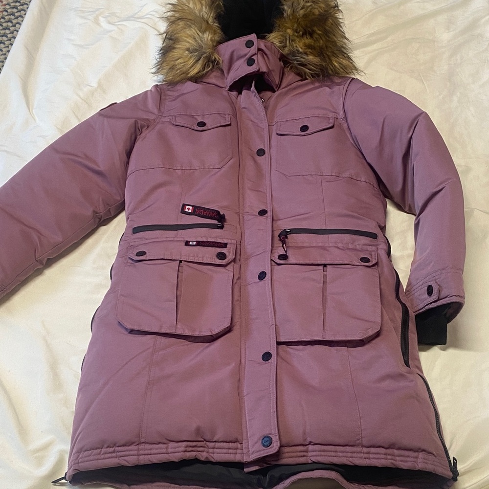 Women's Mauve Fur-Trimmed Puffer Coat - Picture 14 of 16